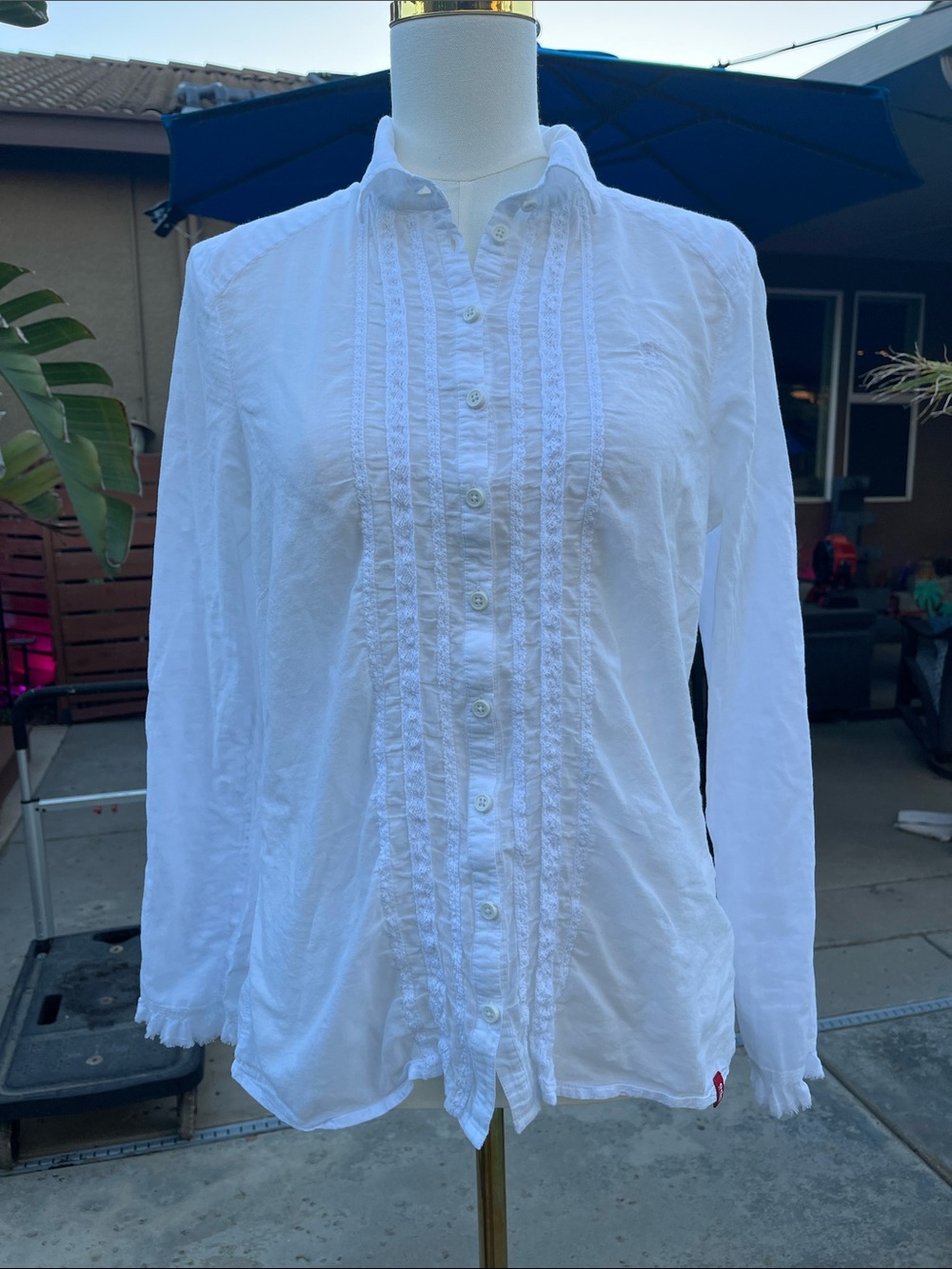 Esprit White Ruffle Pintuck Button-Down Blouse